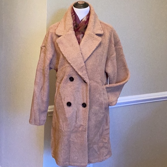 BTFBM lite cocoa colored teddy jacket double breasted with front welt pockets L - Picture 2 of 11